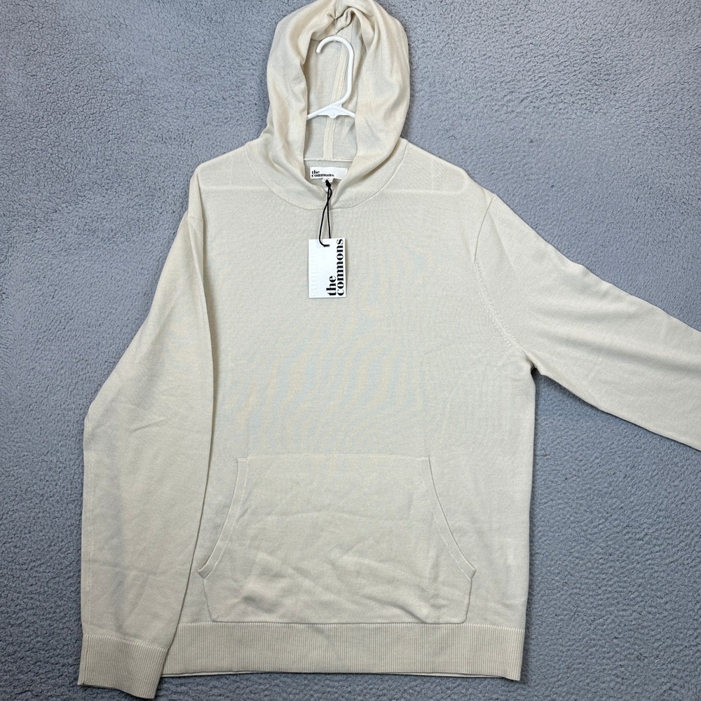 NEW The Commons Hoodie Mens XL Cream Merino Wool Knit Pullover Sweater Stretch